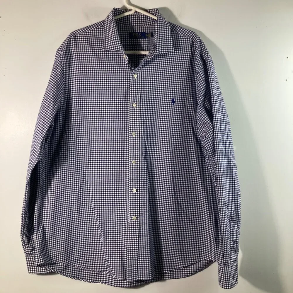 Mens Vintage Polo Ralph Lauren Gingham Button Shirt Navy‎ Blue White 2XL Cotton